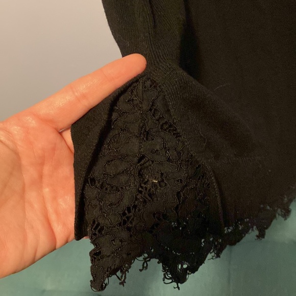 V-neck Sweater with Rib Sleeves & Lace Hem - Picture 2 of 4